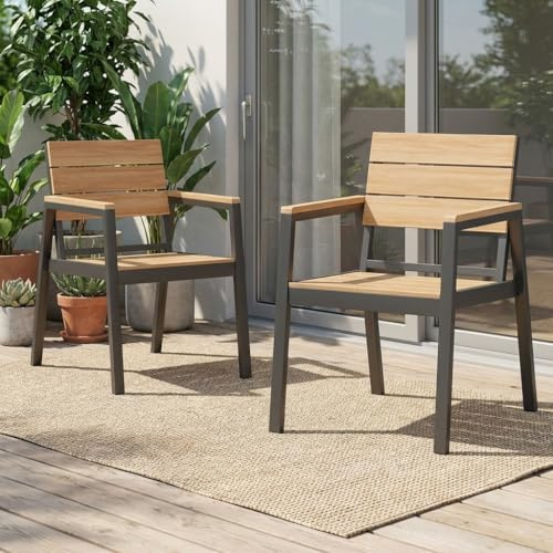 TRIUMPHKEY 2 Set Gartenstühle aus Aluminiumguss, Terrassenstühle in Holzoptik mit Armlehnen, Gartensessel für Garten, Balkon, Hinterhof, Teakfarbe