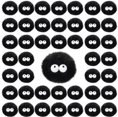 40 Pompon mit Augen Pom Pom Schwarze Bommel für Schlüsselanhänger Halloween | 5cm, Ruß Sprite Fellbommel mit Cartoon Augen Flauschige Bälle Plüsch für Basteln DIY Hüte Schals Autozubehör Anime Deko
