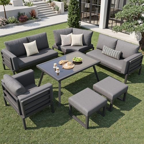OKMYHOME Salon de Jardin Lune 8 Personnes - Ensemble avec Canapé, 2 Fauteuils, Poufs, Table en Verre, Résistant aux Intempéries, Gris