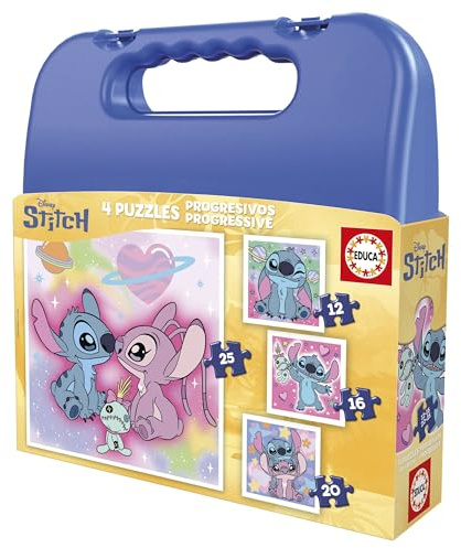 Educa - Stitch Puzzle | Set mit 4 progressiven Puzzles für Kinder von 12 bis 25 Teilen | Maße: 16 x 16 cm | Disney-Puzzles, empfohlen für Kinder im Alter von 3, 4 und 5 Jahren (20472)