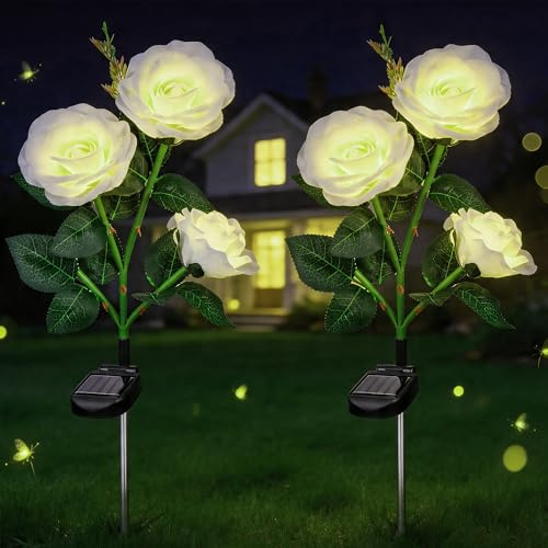 Hahorpa 2 Stück Weiße Rosenblüten Solarblumen für Außenbereich, IP65 wasserdichte LED Solarleuchten mit Erdspieß, Automatisches ON/OFF, Solarblumenlampen für Garten Balkon Rasen Grab