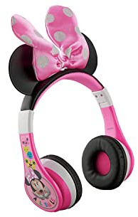 eKids Minnie Mouse Kids Bluetooth Headphones, Wireless with Microphone Includes Aux Cord, Volume Reduced Foldable Headphones for School, Home, or Travel, Pink