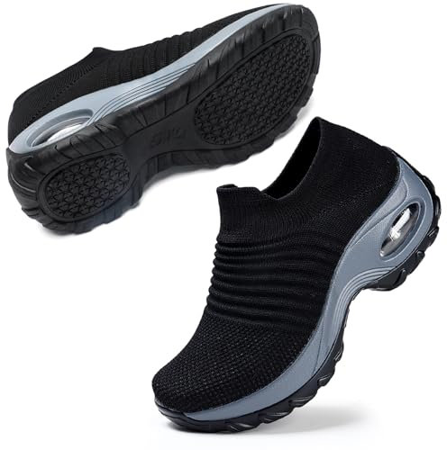 STQ Zapatillas Zapatillas Deportivas Running Mujer Sin Cordones Cómodo Transpirable de Zapatos Moda Causal Plataforma Sneakers Negro 37 EU