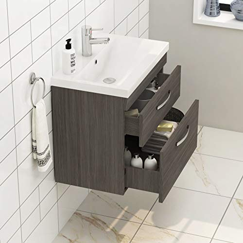 Royal Bathrooms 600mm Wall Hung Bathroom Vanity Unit Mid Edge Basin 2 Drawers Storage Cabinet Furniture - Grey Elm