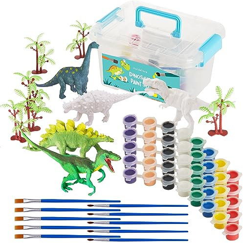 THE TWIDDLERS 20-Teiliges Dinosaurier Malset, 5 Dinofiguren mit 40 Mini-Farbtöpfen (8 Farben), 10 Pinseln & Bäumen - Basteln für Jungen (20er Pack)