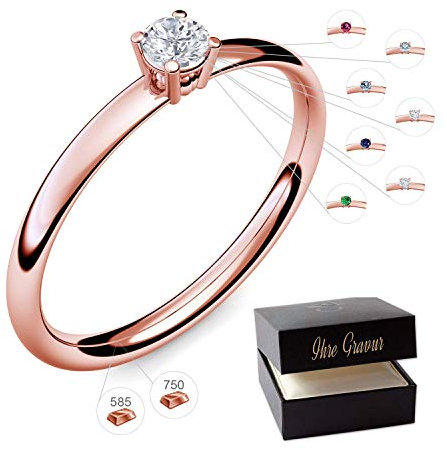 Verlobungsring Roségold 585 750 ???? PERSONALISIERT + ETUI mit individueller GRAVUR Damen-Ring Heiratsantrag Diamant-Ring Zirkonia Aquamarin Rubin Smaragd Saphir Brillant Blautopas Edelstein.