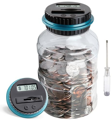 Large Piggy Bank for Boys Adults, Vcertcpl Digital Coin Counting Bank with LCD Counter, 1.8L Capacity Coin Bank Money Jar for Adults, Designed for All US Coins (Blue)