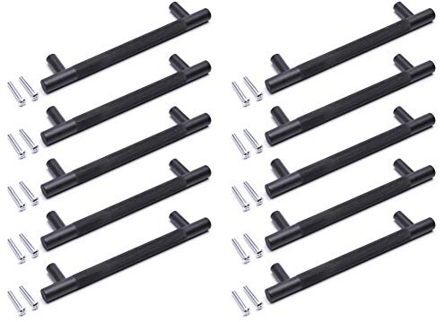 BSM Marketing Black Knurled T Bar Modern Kitchen Cupboard Cabinet Drawer Bar Door Handle Knob Matt Finish (10, 64mm)