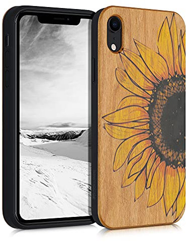 kwmobile Hülle kompatibel mit Apple iPhone XR Hülle - Holz Case - Handy Cover - TPU Handyhülle in Gelb Dunkelbraun Hellbraun Wood Sunflower