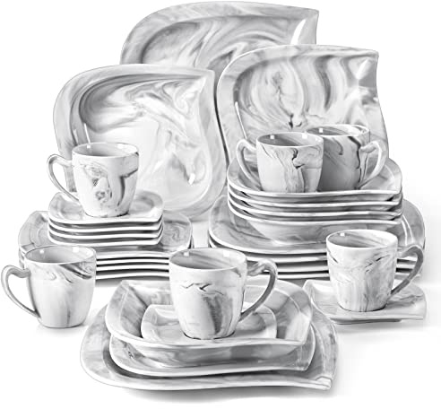 MALACASA Set di stoviglie in marmo grigio, 30 pezzi, set di piatti e ciotole moderni con piatto piano, piatto da dessert e insalatiera per pasta, tazza e piattino, servizio per 6, serie Elvira