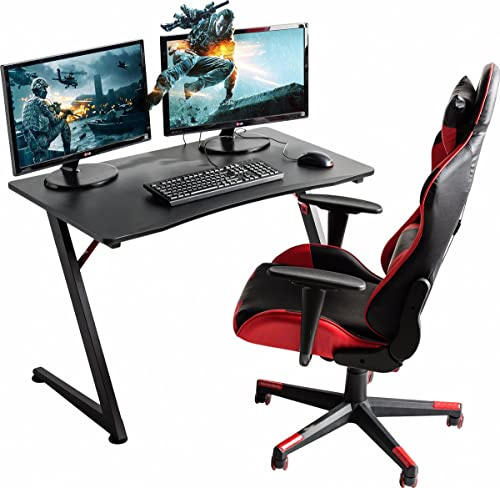 ACAZA Gaming Tisch, Schreibtisch für Gaming Laptop oder PC, Gamer Computertisch, verstellbare Tischbeine aus Stahl, ergonomische PVC Kohlefaser Tischplatte 108 x 60 cm, schwarz