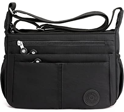 DIRRONA Umhängetasche Damen Groß - Leicht Wasserdicht Nylon Handtasche Damen Mit Vielen Fächern Schultertasche Für Arbeit Freizeit Reisen Und City Trips Obsidianschwarz