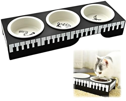 Pet Triple Bowl Piano Stand Triple Ceramic Bowl Feeder for Pets Dogs Cats Easy Clean Bowls With Piano Style Stand Raised Pet Feeding Station: 44 x 15.5 x 7cm Dog Cat Pet Bowls