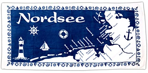 ELLUG Großes maritimes Handtuch, Badetuch Strandtuch 100% Baumwolle Velours und Frottee Urlaub 75 * 160cm (Nordsee)