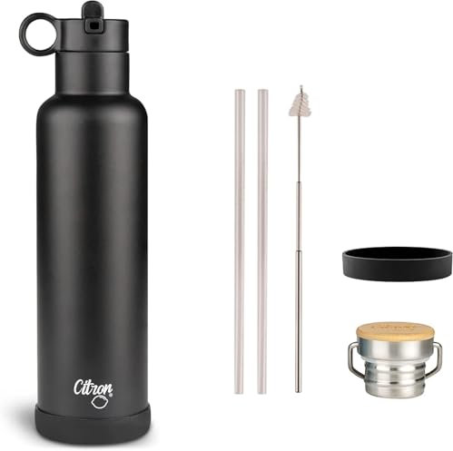 Citron Insulated Water Bottle Stainless Steel, Black – 750ml, BPA & Lead-Free, Leak Proof Straw/Flask Lids – Keeps Liquids Cold for 24 Hours & Hot for 12 Hours - 25.36 oz
