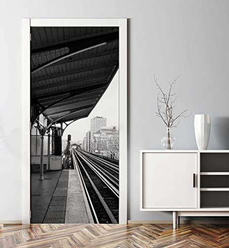MyMaxxi - Tür bekleben mit Türtapete Türposter Türfolie Selbstklebend 90x200 Metro Paris - Tür verschönern Türaufkleber Türklebefolie Zug Bahnhof Reise schwarz weiß