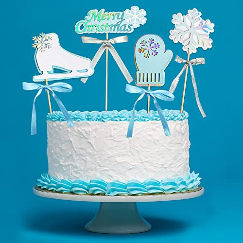 24Pcs Large Christmas Cake Toppers, Glitter Snowflake Cake Picks, Ice Skates Gloves Cupcake Toppers, Merry Christmas Words Cake Toppers for Christmas Birthday Party Decorations Supplies