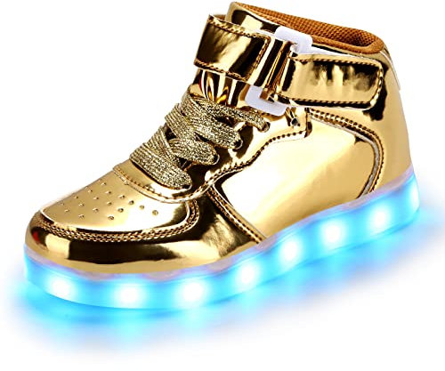 PADGENE Schuhe für Kinder, Jungen, Mädchen, Sneaker, LED, beleuchtet, 7 Farben, blinkend, USB, wiederaufladbar, Sicherheit, Mode, Oberteil, Größe, Klassisches Gold, 29 EU