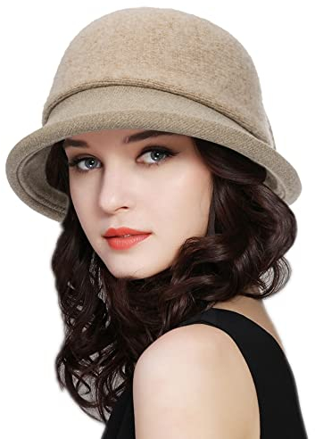 Damen 1920er Vintage Upturn Krempe Wollmischung Cloche Kirche Hut Winter Filz Eimer Bowler Hut Knautschbar Faltbar, Khaki, Medium