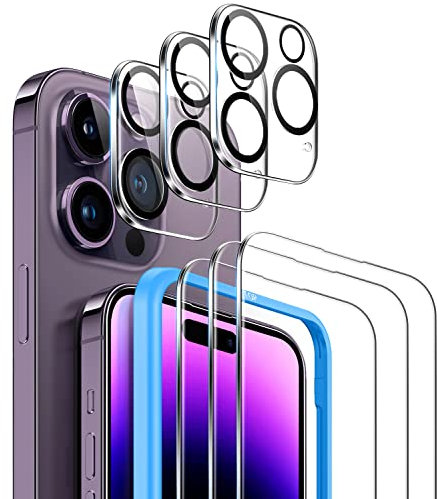 CANSHN für iPhone 14 Pro Panzer Schutz Glas mit Rahmen-Installationshilfe, kompatibel mit iPhone 14 Pro Kamera Schutzfolie, [3+3 Stück], [Anti- Kratzer], [Bläschenfrei], [9H Härte], [HD-Klar]