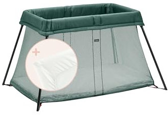 BabyBjörn Reisebett Light mit Spannbetttuch, Dunkelgrün/Baumwolle, Weiß, 1.0 Count