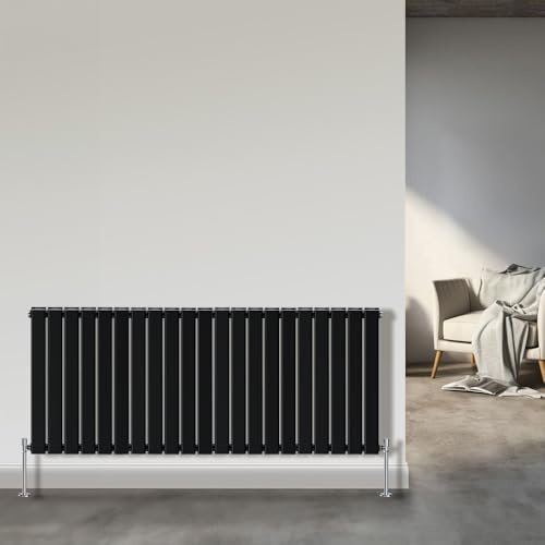NRG Horizontal Column Designer Radiator Flat Double Panel 600x1428mm Black | Horizontal Radiator, Mild Steel, Column Radiator, Wall Mounted, Central Heating Rad, for Bathroom, Kitchen, Hallway