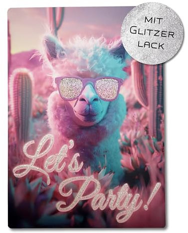 Caymar - Captured In Print 12x Let's Party Lama Glitzer Einladungskarten für den Kindergeburtstag für Mädchen und Jungen - Lustige und coole Alpaka Geburtstagseinladung