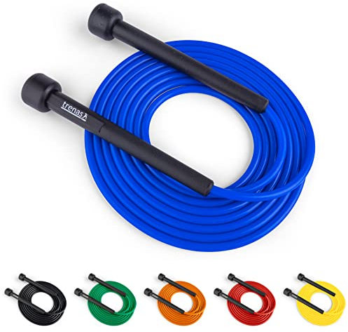 trenas Springseil | Jump Rope | Rope Skipping Seil | Springseil Erwachsene & Kinder | 3 Meter | Einfach verstellbar | Speed Rope | Blau