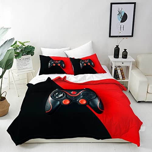 ANHOPE Schwarz Rot Gamer Gamepad Bettwäsche Set 3 Teilig Bettbezug 135x200 cm + 2 Kissenbezug 50x70 cm Weich Microfaser Bettbezüge Set mit Reißverschluss Bettdeckenbezug für Kinder Jungen Mädchen