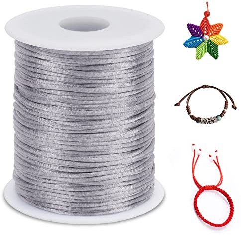 LEREATI Nylon Cord 2mm x 100m, Satin Cord Nylon String for Making Bracelet, Necklace, Chinese Knot, Jewellery (Grey)
