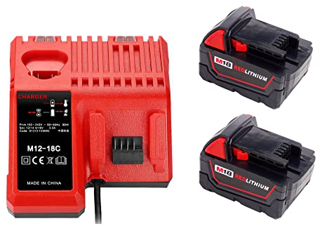 2 Pack 5.0Ah 18V M18 Lithium Akkus Ersatz für Milwaukee M18 Akku mit 1 Ladegerät für Milwaukee M-12/M-18 Akku