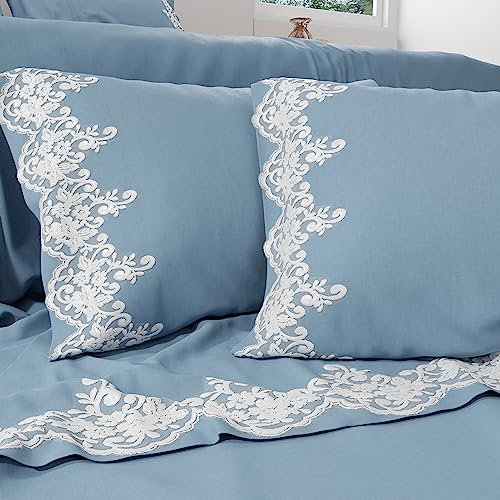 PETTI Artigiani Italiani - Lenzuola Percalle, Lenzuola Matrimoniali con Merletto, Lenzuola Cotone Percalle, Completo Letto Matrimoniale, Lenzuola con Pizzo Azzurro 100% Made in Italy