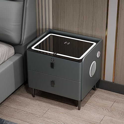 Smart Nightstand, End Table with Charging Station Wireless and LED Lights, Fingerprint Lock,Bluetooth Speaker Side Table, Modern Small Bedside Table with 2 Storage Drawers for Bedroom Living Room ( Co