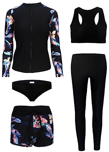 Damen-Surfanzug, 5-teiliges Set, UV-Schutz-Badebekleidung, langärmliger, sportlicher, elastischer Sommer-Tauchanzug, geteilter Badeanzug für Surf-, Schnorchel- und Kajaktouren,Schwarz,XXL