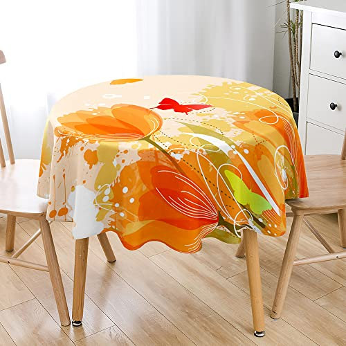 Lukery Tulpen 3D Tischdecke Abwaschbar Gartentischdecke, Tischdecke Rund Tischdecken Tischtuch Outdoor Indoor, Tisch Schutz für Geburtstag Hochzeit Festival (Orange,Durchmesser 90cm)
