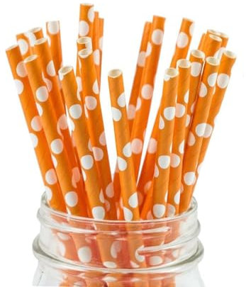 Berto Paper Straws 25pcs, Biodegradable Recyclable Drinking Straws for Wedding | Birthday Party Straws for Cocktail, Holiday, Coffee, Soda, Baby Shower Suppliers. (Orange with White Dots)