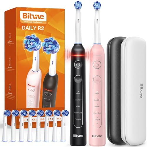Bitvae Brosse à Dents Electrique Rotative, 2 Paquets pour Adultes avec Capteur de Pression, Cadeaux pour Hommes et Femmes, 5 Modes de Brosse à Dents Rechargeable avec 8 Têtes de Brosse