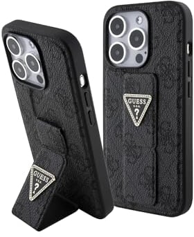 CG MOBILE Guess iPhone 15 Pro Hülle [Offizielles Lizenz] von | Grip Stand Case mit PU 4G Dreieck Strass | Schutzhülle/Cover entworfen für iPhone 15 Pro (6,1 Zoll) 2023 – Schwarz
