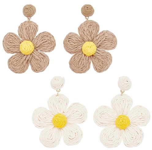 ANATTASOUL 2 Paar Raffiabast-Ohrringe Rattan-Blumenohrringe Für Frauen Böhmische Rattan-Blumenohrringe Für Frauen Boho Bunter Statement-Ohrring Aus Bast-Strohgeflecht Sommerlicher Tropischer