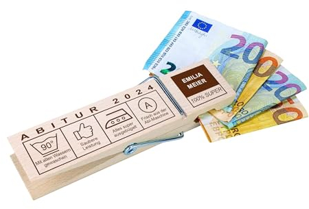 Casa Vivente Große Geldklammer mit Gravur zum Abitur, Personalisierte Holzklammer, Geschenke zum Abitur, Wäscheklammer für Geldscheine, Geld Klammer, Abi Geldgeschenk, Abitur Geldgeschenke