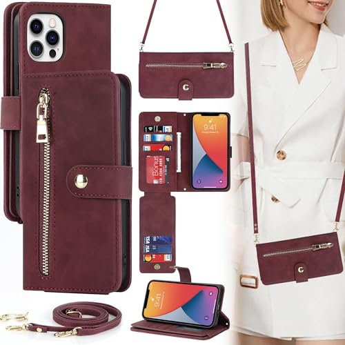 ELTEKER Handyhülle für iPhone 12/12 Pro Hülle mit Band, Klapphülle mit Kartenfach Handytasche Leder Hülle für iPhone 12/12 Pro - weinrot