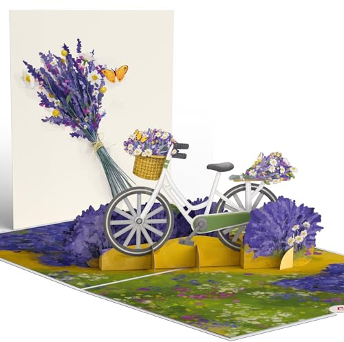 Lovepop® 3D Pop-Up Karte weißes Fahrrad & Lavendel Frühlings-Grußkarte für Fahrradfahrer:innen & Radfans | inkl. Umschlag & Versteckfach für Geld & Gutscheine