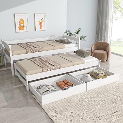 KUAKE Schlafsofa 90x200 cm, Tagesbett mit 2 Schubladen, Kinderbett Funktionsbett mit Lattenrost, Ausziehbett Einzel und Doppelbett, Massivholzrahmen, für Mädchen & Jungen, Weiß