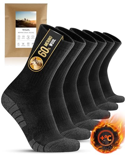 YESWEL Chaussettes en Mérinos Homme Femme 3 Paires, Chaussettes Anti-Dérapantes pour Randonnée, Chaussettes en Laine Respirantes pour l'Hiver, Chaussettes de Randonnée Chaudes(Noir, 43-46)