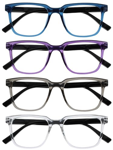 OPULIZE LEO Lesebrille - 4er-Pack - Großes Rechteckiges Gestell - Blau, Lila, Grau, Klar - Herren Damen - Federscharniere - RRRR55-357C - +2.50