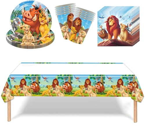 Stoviglie per Feste Re Leone, 41Pcs Set di Stoviglie per Feste di Compleanno, Include Piatti, Tazze, Tovaglie, Tovaglioli, L-ion Piatti di Carta per Feste, Decorazioni per la Tavola per Re Leone