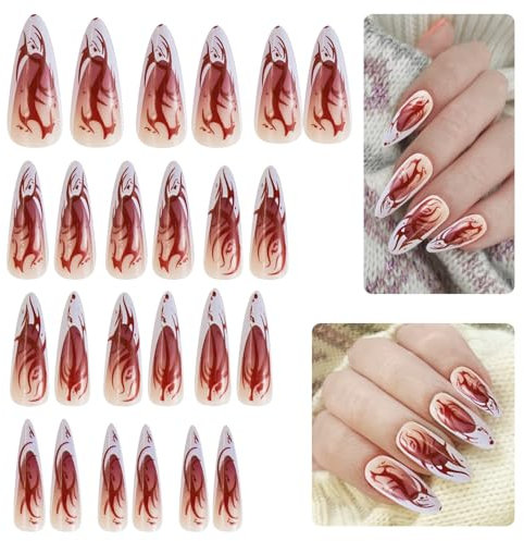 Y9HBCJJP False Nails - Long Pointed Tip Nail Press Ons with Glue Stickers - Red Flame Blooming Ballerina Acrylic Halloween Cosplay Nails for Women & Girls