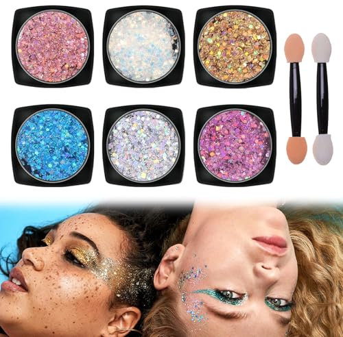 Maquillaje Purpurina Gel para Cara, Cuerpo y Cabello - Glitter Flakes Paillette en 6 Colores - Transparente