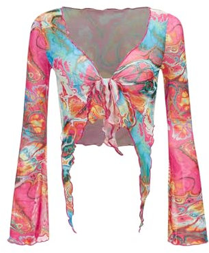 GORGLITTER Women's Graphic Tie Front Bell V Neck T Shirts Asymmetrical Long Sleeve Mesh Crop Top Pink XS