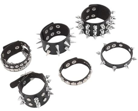 Yctze Juego de 6 Piezas de Remaches Punk con Tachuelas, Pulsera Negra, Botón a Presión de Cuero de PU, Muñequera con Púas para Hombres y Mujeres, Juego de Pulseras con Tachuelas